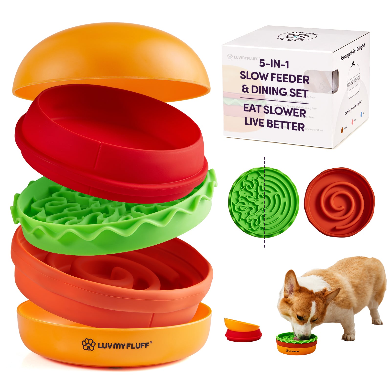 5-in-1 Slow Feeder Dog Bowl & Dining Set, Cats Too | Portable