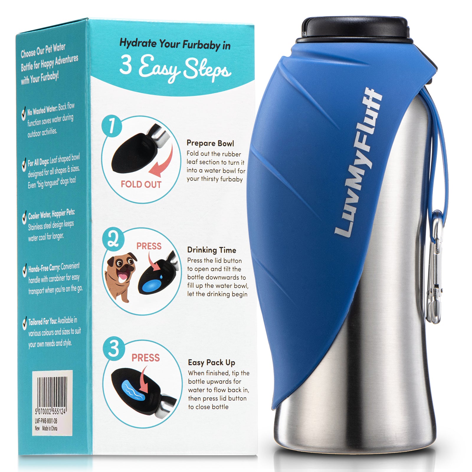 800ml Fold Out Dog Water Bottle Stainless Steel Ocean Blue Pe LuvMyFluff