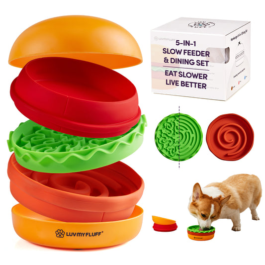 5-in-1 Slow Feeder Dog Bowl & Dining Set, Cats Too | Portable Burger Design, 2 Slow Feeders, Lick Mat, Travel-Friendly, BPA-Free