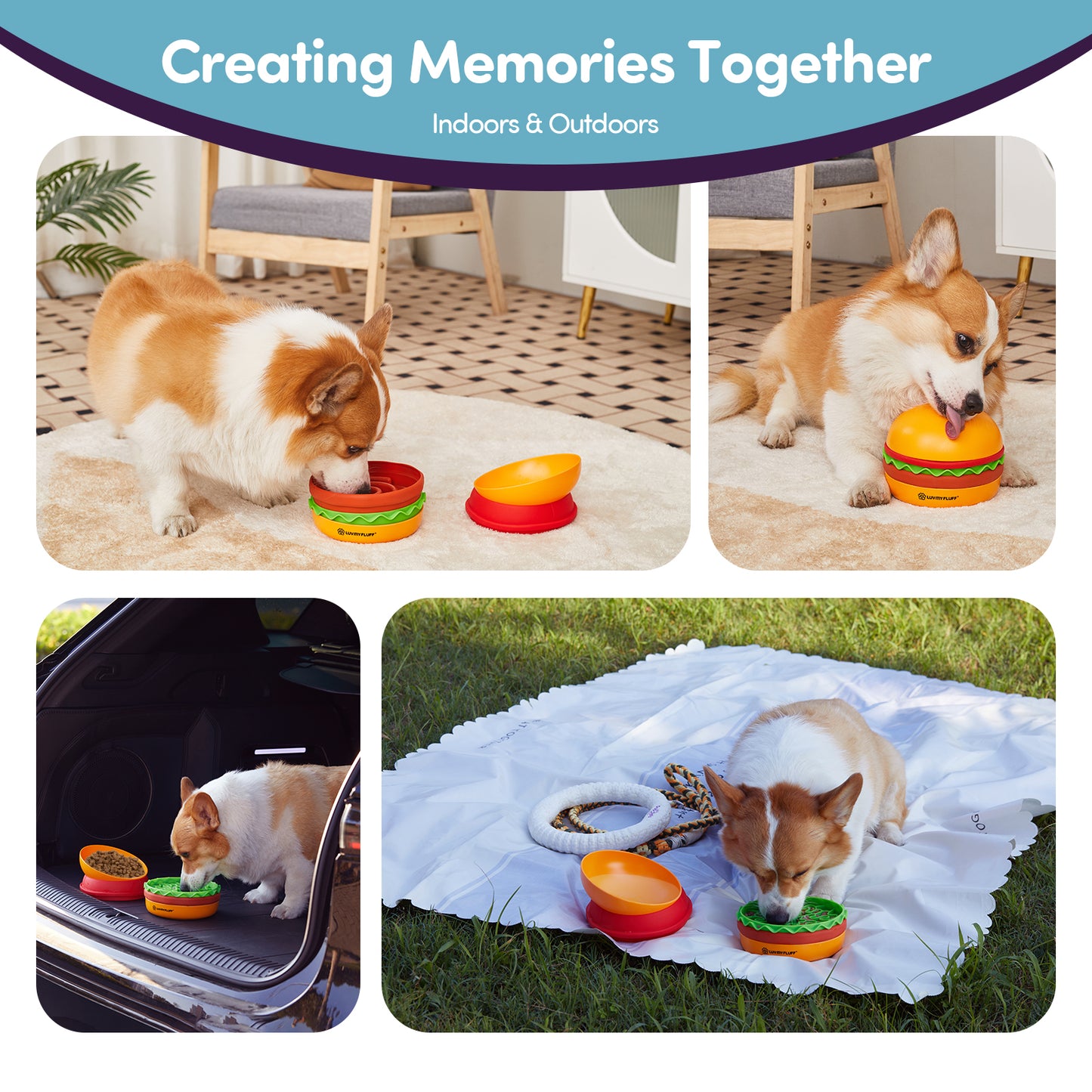 5-in-1 Slow Feeder Dog Bowl & Dining Set, Cats Too | Portable Burger Design, 2 Slow Feeders, Lick Mat, Travel-Friendly, BPA-Free