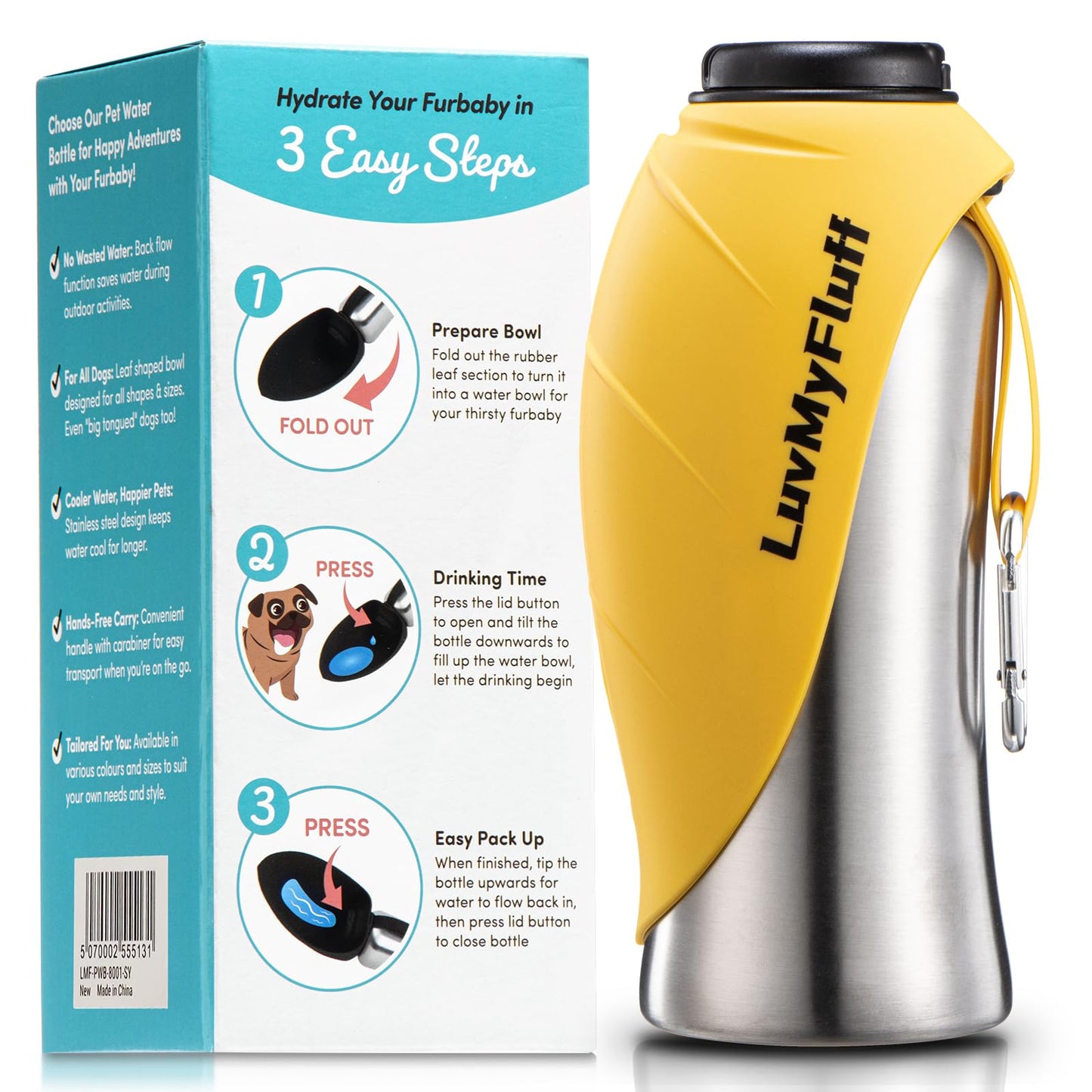 **800ml Fold-Out Dog Water Bottle (Stainless Steel - Sunset Yellow)**

“Perfect for Long Trips, Hiking, and Travel”