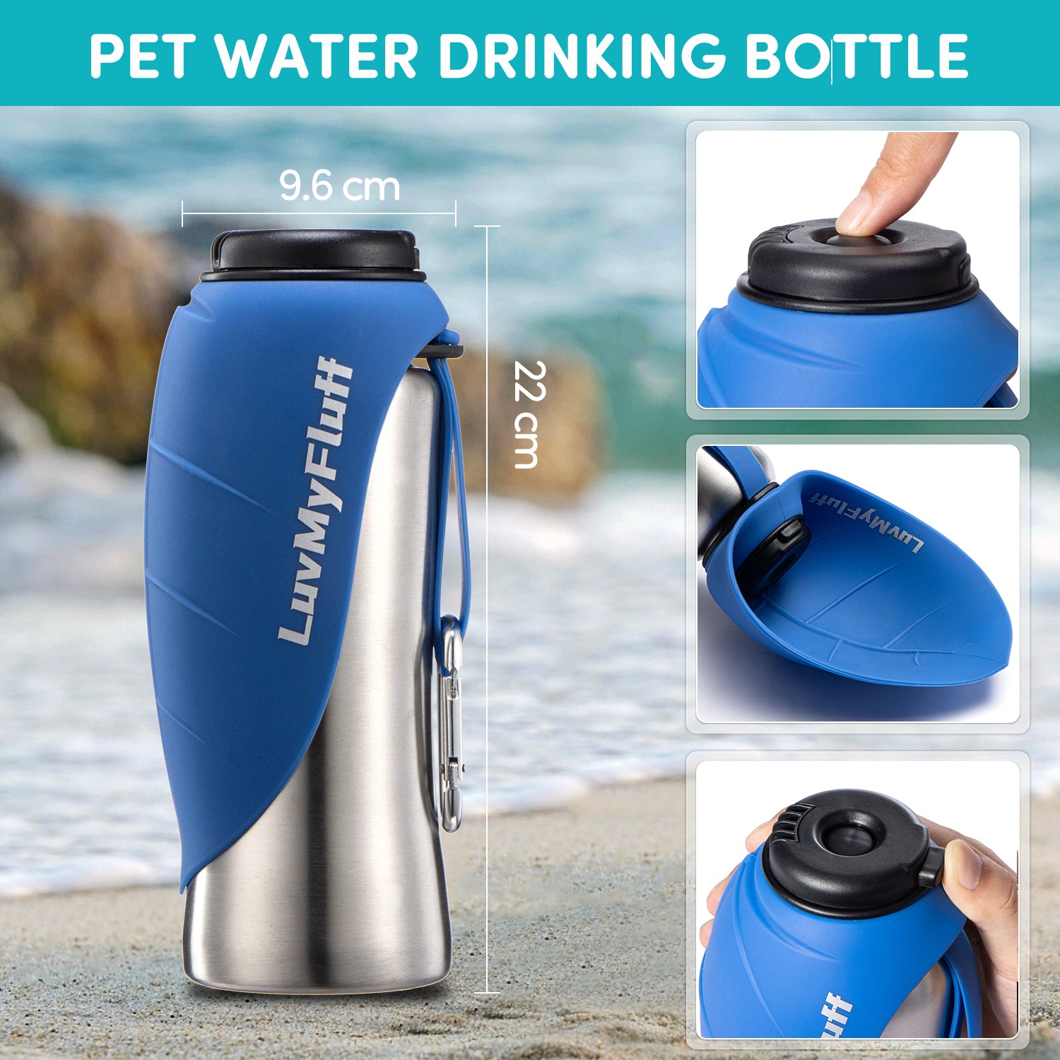 800ml Fold Out Dog Water Bottle Stainless Steel Ocean Blue Pe LuvMyFluff